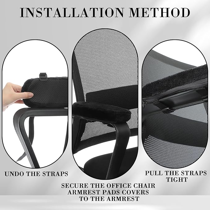 Threlaco 2 Pcs Office Chair Armrest Pads Soft Foam Office Chair Arm Covers Fluffy Flannel Gaming Armchair Armrest Cushion for Elbows and Forearms Support Pressure Relief(Black)