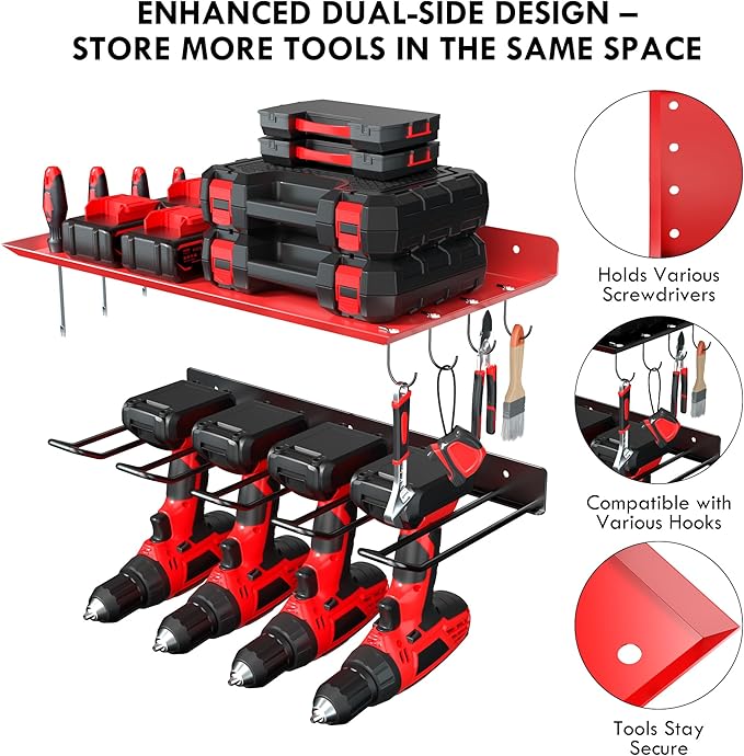 KSVO Wall Mount Power Tool Organizer, Metal Drill Holder for Garage, Workshop, and Shed, Heavy Duty Tool Storage Rack for Handheld & Cordless Tools (Red)