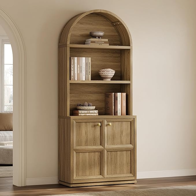 SICOTAS 81" Tall Arched Bookcase with Doors, Large Bookshelves with Storage, Modern 5-Tier Arched Cabinet with Adjustable Shelves & Cable Management for Home Office, Library, Brown Oak, 3 PCS