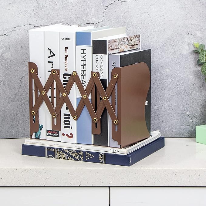 Aobopar Book Ends, Bookends for Shelves, Book Organizer for Desk, Metal Bookends for Heavy Books, Book Holders for Shelves, Suitable for Office, Home and School Use (Brown)