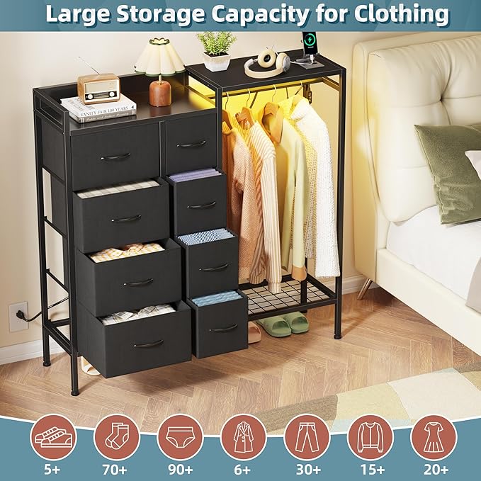 HIGDBFE Dresser with Hanging Rack, 8-Drawer Dresser for Bedroom with Charging Station & LED Lights, Fabric Dressers with Shoe Rack, Chest of Drawers with Wooden Top for Bedroom, Black, 11.8" D