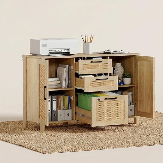 Lateral File Cabinets for Home Office, 3 Drawer and 2 Doors Filing Cabinet with Lock, Wide Rattan Filing Organization Cabinets with Printer Stand, Adjustable Storage Shelves/Hanging Bars, Natural Wood