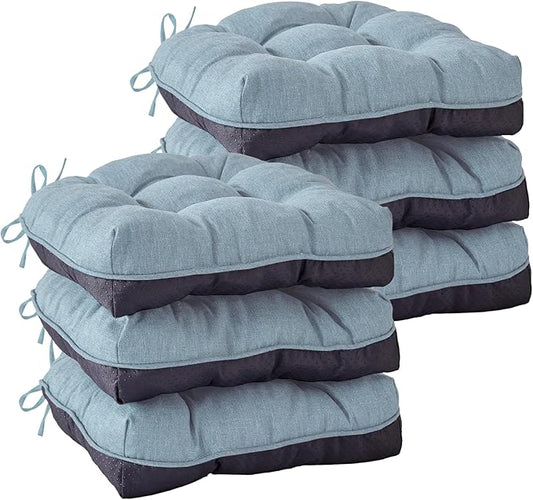 IASEAHK Chair Cushions for Dining Chairs, Seat Cushions for Kitchen Chairs, Indoor Seat Cushions with Ties, Tufted Foam Chair Pads, Non Slip Chair Cushions Set of 6, 15.5" x 15.5" x 4", Light Blue