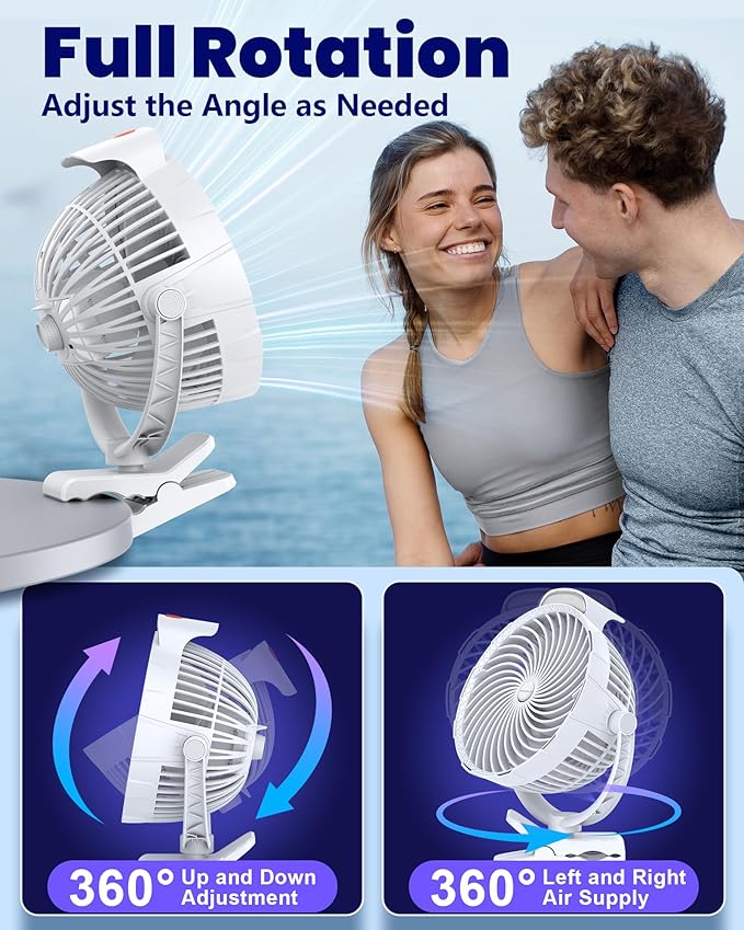 10000mAh Clip on Fan, 8-Inch Golf Cart Fan Rechargeable with LED Light, 9 Speeds Strong Airflow, Ultra Quiet, 30Hrs Runtime, 360° Rotation, Cooling for Bed Camping Office Desk Dorm, White