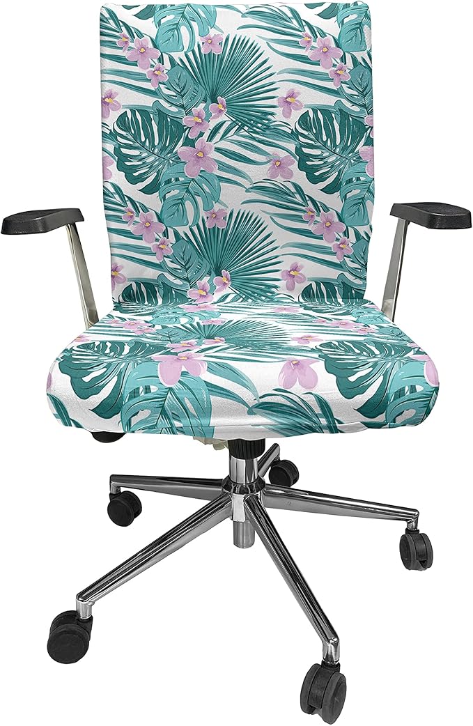 Ambesonne Tropical Office Chair Cover, Continued Layout of Palm Leaves Jungle Coconut Monstera Summer Art, Stretchable Decorative Universal Size High Back Printed Slipcover, Teal Purple
