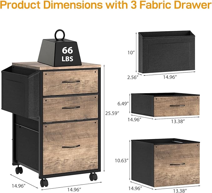 VINGLI 3 Drawer File Cabinet with Side Bag, Rolling File Cabinet Mobile Under Desk File Cabinet with Wheels, Fabric Drawers Printer Stand for Home Office, Fits Letter Size, Rustic Gray
