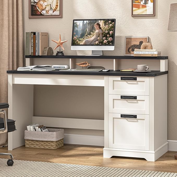 Vabches 55" Farmhouse Executive Desk with 3 Drawers, Wooden Computer Desk, Home Office Desk with File Drawer (Fits A4 Size) for Work and Study, White and Black