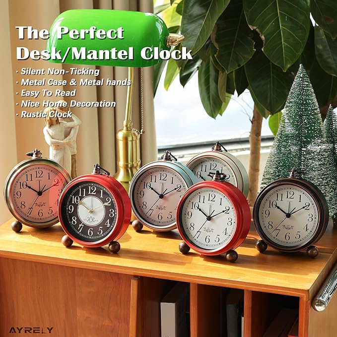 AYRELY® 5.3" Vintage Analog Alarm Clock, Battery Operated Metal Desk Clock, Retro Table Clock with Light for Living Rooms, Bedrooms, Shelf, Home Decor (Red-White)
