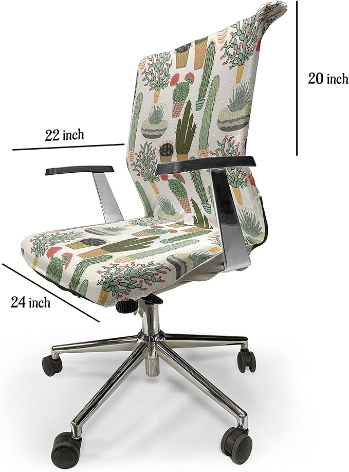 Ambesonne Cactus Office Chair Cover, Pattern with Succulent Plants and Cactuses in Pots Botanical Floral Mexican Garden, Stretchable Decorative Universal Size High Back Printed Slipcover, Fern Green