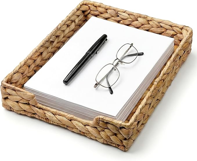 Demigo Water Hyacinth Letter Tray - Desk Organizer & Paper Basket for Mail, A4 File - Sturdy Woven Storage, File Holder with Metal Frame, Rustic Boho Office Decor & Magazine Sorter