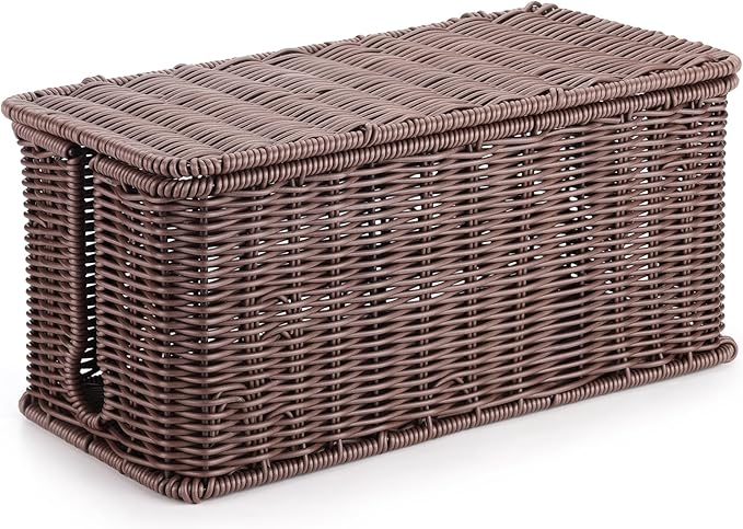 Large Cable Management Box, Handwoven Imitation Rattan Cord Organizer Cord Hider Box, Desk Cord Management Box to Hide Cords and Power Strips, Dark Brown