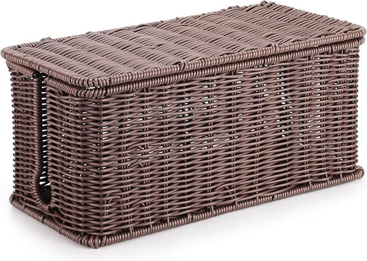 Large Cable Management Box, Handwoven Imitation Rattan Cord Organizer Cord Hider Box, Desk Cord Management Box to Hide Cords and Power Strips, Dark Brown