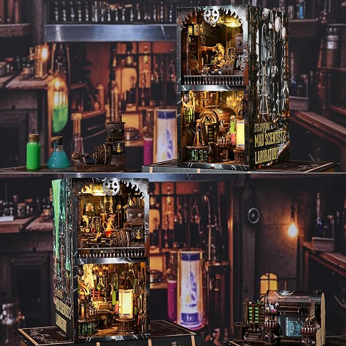 fifijoy Book Nook Kit, DIY Miniature Dollhouse Booknook Kit, 3D Wooden Puzzle Bookend Bookshelf Insert Decor with LED Light for Teens and Adults (Steampunk Mad Scientist Laboratory)