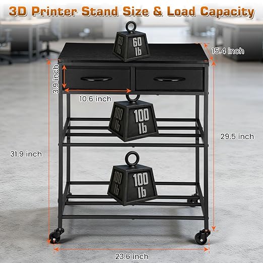 3D Printer Filament Storage Shelf with Drawers& Wheels, Black 2-Tier 3D Printer Filament Metal Stand with Storage, Adjustable Filaments Organzied Rack for Workshop Studio Office, 4 Leveling Feet