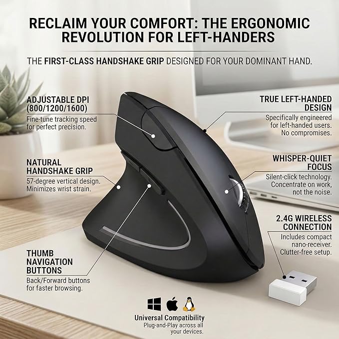 Left Handed Mouse,Left Handed Ergonomic Mouse, 2.4G USB Wireless Left Handed Vertical Mouse, Adjustable DPI(800/1200/1600),6 Buttons for PC,Mac,Laptop,Windows,Desktop – Black