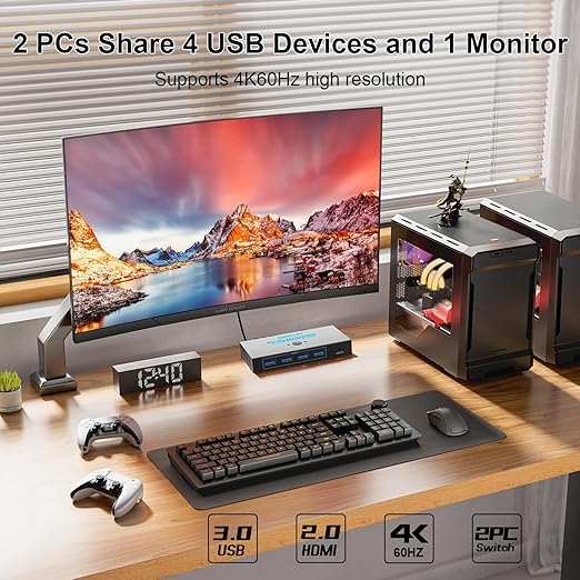 SGEYR USB 3.0 HDMI KVM Switch 1 Monitors 2 Computers,KVM Switch 2 Port HDMI 4K@60HzKVM Switches for 2 Computers Sharing Monitor Keyboard Mouse Hard Drives Printer, 2USB Cable and Controller