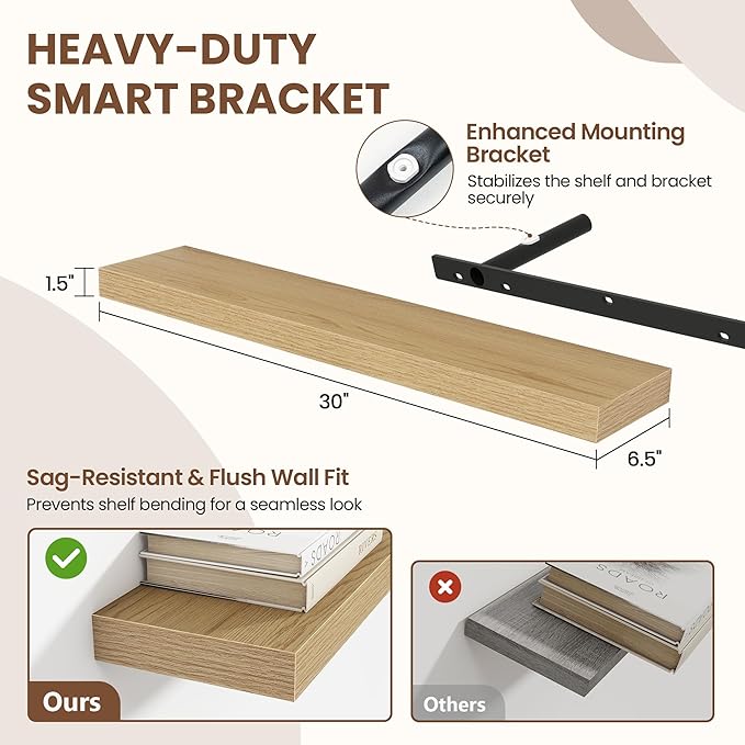 Acovy 30 Inch Floating Shelves for Wall 2 Pack, 30" Wall Shelves for Books, Storage, Decor, Wall Mounted Floating Shelf with Invisible Brackets for Kitchen, Living Room, Oak