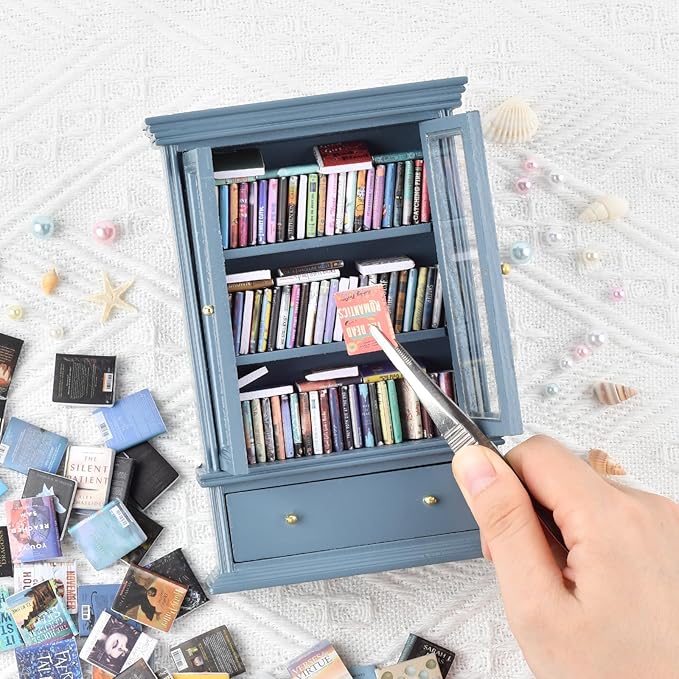 Anxiety Bookshelves, Anxiety Bookshelf, Handcrafted Mini Bookshelf with 100+ Unique Miniature Books, Small Anxiety Bookshelves Miniature Library, for Book Lovers, Blue