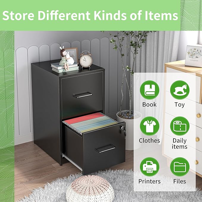IKIMI 2 Drawer File Cabinet with Lock,Metal Filing Cabinets for Home Office,Steel Vertical File Cabinet,Heavy Duty Metal Storage Cabinet for Letter Size Files,Assembly Required