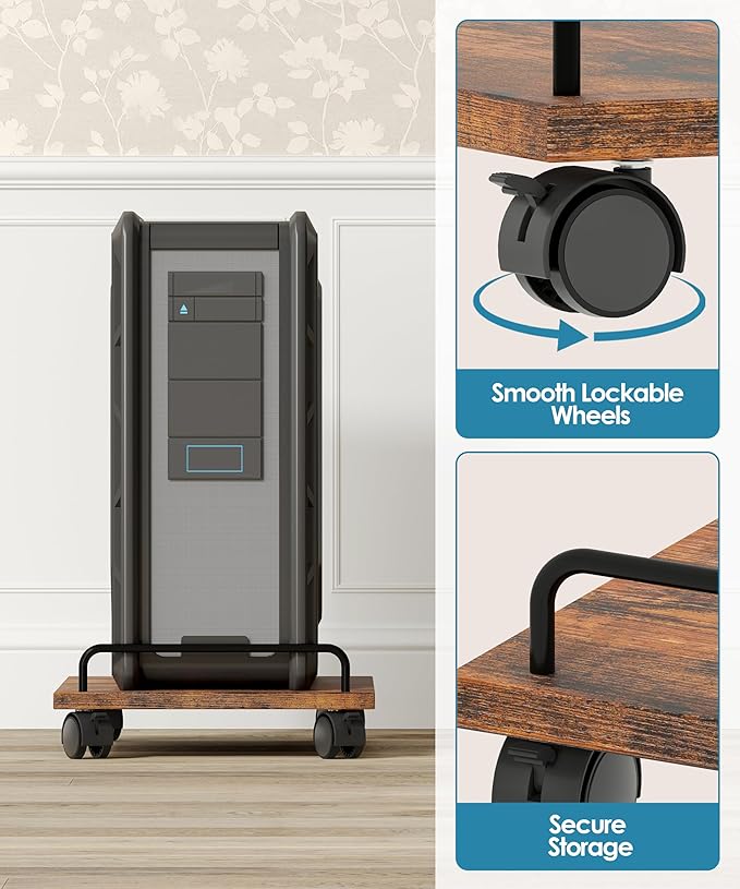 Akxomel Mobile CPU Stand, Computer Tower Stand with 4 Caster Wheels, Under Desk PC Cart for Floor, Industrial PC Tower Holder for Carpet, for Office, Rustic Brown