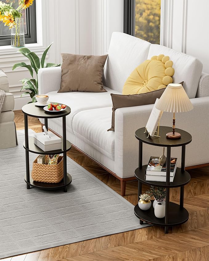 Round Pedestal End Table - 3-Tier Oval Accent Table for Small Spaces, Rustic Wood and Metal Couch Side Table, Nightstand for Bedroom or End Table Living Room, Easy to Assemble, Charcoal Wenge
