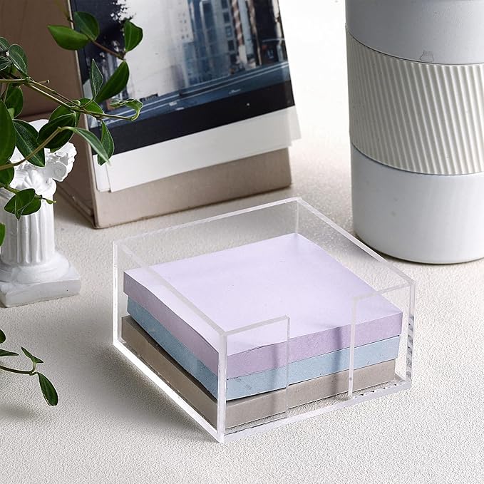 Threehoney 4 Pcs Acrylic Sticky Note Holder 3 x 3 Clear Crystal Acrylic Note Dispenser Notepad Memo Holder Office Desk Organizer Accessories Sticky for Dorm Room Office Desk