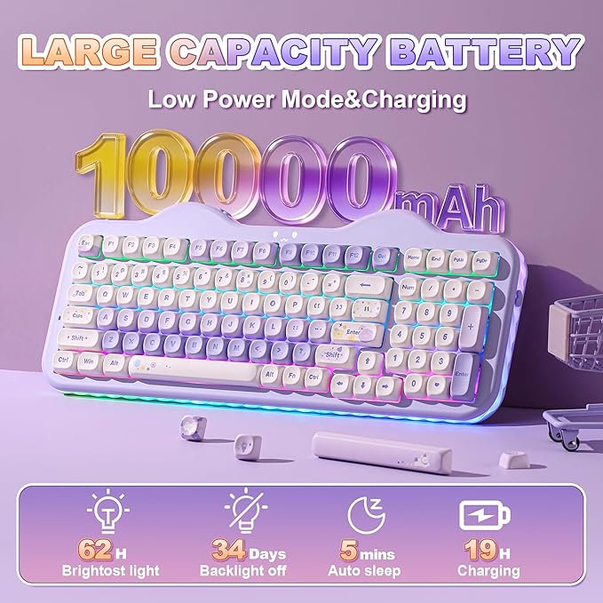 YUNZII C98 Wireless Mechanical Keyboard with Number Pad,99 Key BT5.0/2.4G/USB-C Hot Swap Gasket Mount with PBT MOA Keycaps,Custom RGB,Cute Cake Keyboard for Win/Mac (Purple, Candy Linear Switch)