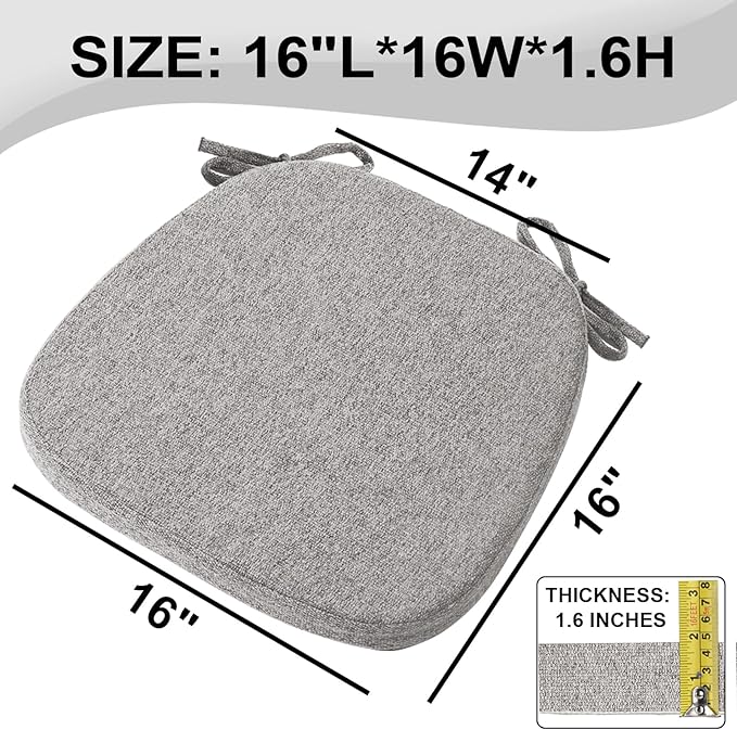 SINOSSO 6 Pack Memory Foam Chair Cushions for Dining Chairs, Friendly Woven Fabric 16" U-Shape Comfortable Kitchen Chair Pads, Removable Slip Resistant Seat Cushions (Set of 6, Light Grey)