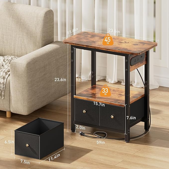 HLDIRECT Nightstand with Charging Station, Bedside Table with 2 Fabric Drawers and Large Storage Shelf for Small Space, End Table with Outlet and USB Ports for Living Room, Bedroom (Rustic Brown)