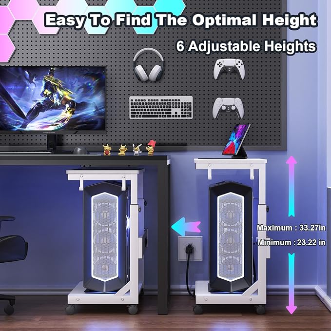 Height Adjustable Computer Tower Stand with Charge Station and USB Charging Port, 2-Tier ATX-Case Cart, Under Desk Mobile PC Stand, CPU Holder Cart with Locking Caster Wheels for Fits Most PC
