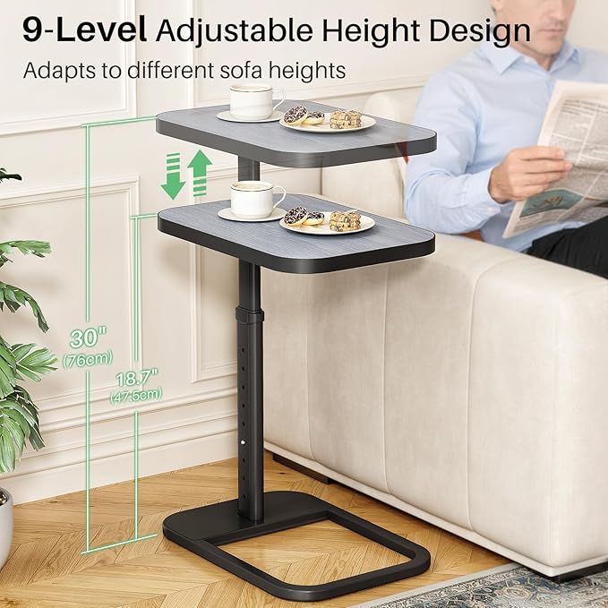 Kitstorack Adjustable Height C-Shaped End Table, 9-Level Side Table with Metal Rounded Edge, Couch Table that Slides Under Sofa or Bed, Eating, Working, and Drinks, TV Tray for Small Space, Dark Gray