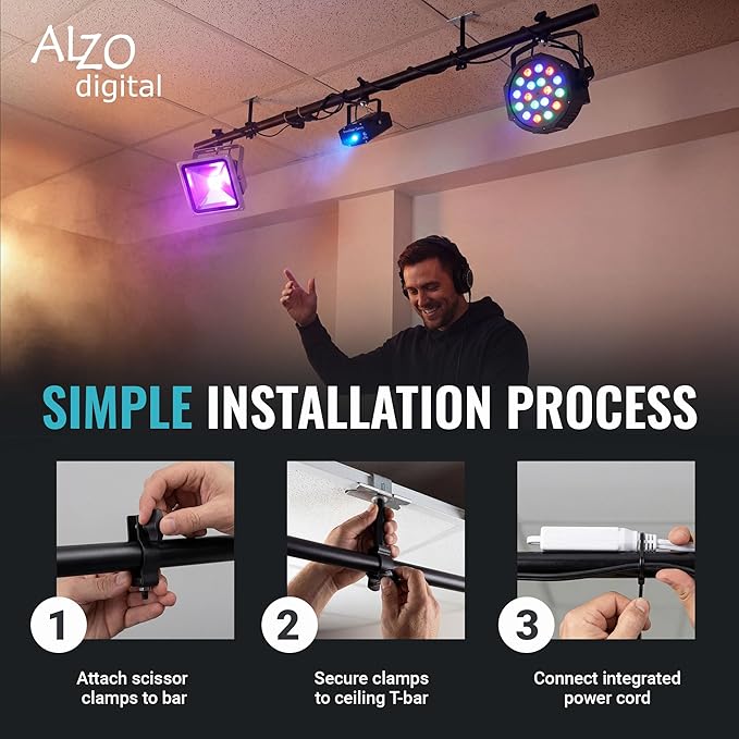 ALZO Suspended Drop Ceiling Mount Light Bar – 6 Ft Aluminum DJ & Stage Light Mounting Bar for T-Bar Grid Ceilings – 40 lb Capacity, 3 Adjustable Mounting Clips, 15 ft 3-Outlet Power Cord – White