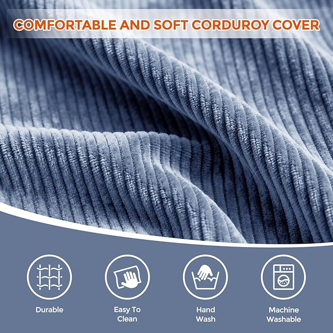 26" x 26" x 18" Pouf Ottoman Foot Rest, Pre-Stuffed Round Foot Stool with Odorless Shredded Memory Foam, Furry & Fluffy Corduroy Footrest for Living Room, Navy