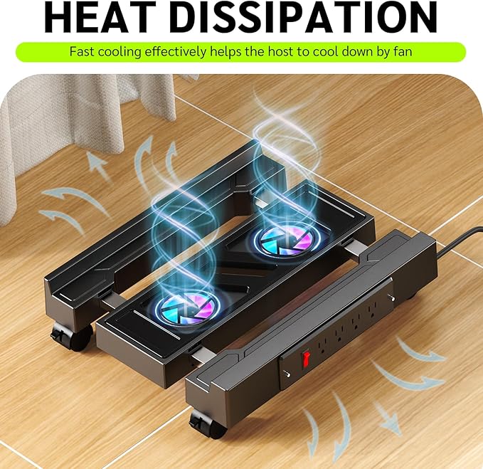 Adjustable CPU Holder with Charging Station and Cooling Fan with RGB Light,Mobile CPU Holder with 4 Rolling Casters, Under Desk CPU Bracket PC Floor Cart PC Riser for Office, Home (Socket with Fan)