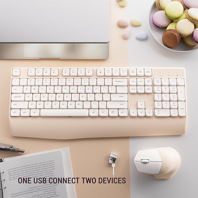 MPTOG Ergonomic Keyboard and Mouse Combo with Wrist Rest, BK Chipset, Full-Size Colorful Office Keyboard and Mouse, Power Button, USB Receiver for PC Laptop (Khaki White)