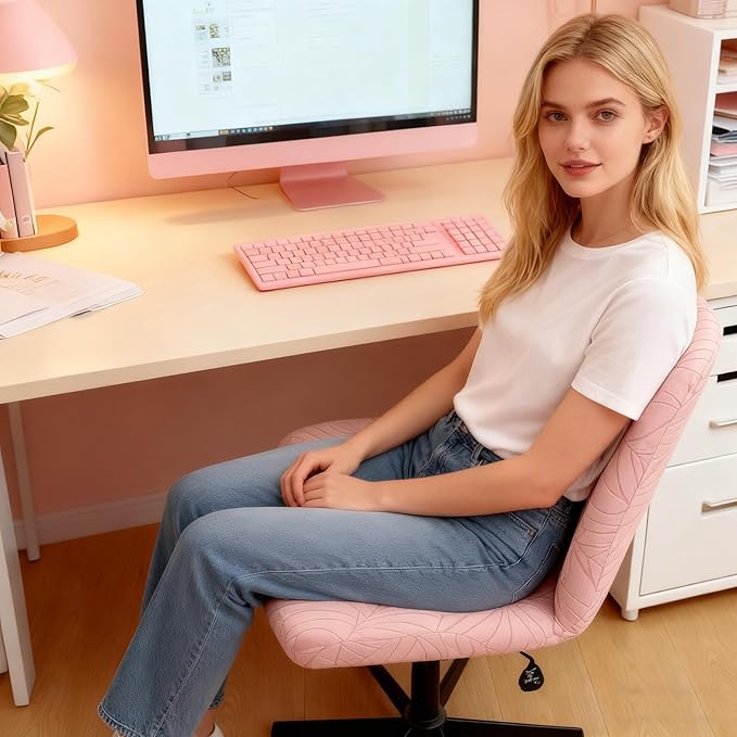 Criss Cross Desk Chair Cover Pink Jacquard Leaf Stretch Armless Vanity Chair Slipcover 1 Piece Water-Resistant Washable