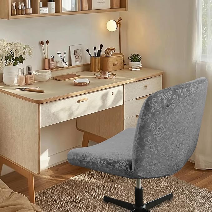 Criss Cross Chair Cover Armless Chair Slipcover Office Desk Chair Covers Velvet Embossing Mid Back Wide Seat Accent Chair Covers for Computer Chairs and Vanity Chairs(Velvet-Dark Grey)