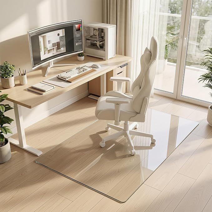 Tempered Glass Chair Mat for Hardwood Floor, 32" x 48" Heavy Duty Glass Office Chair Mat, for Low Pile Carpet, 0.2" Thick with 4 Non-Slip Pads, Smooth Rolling for Home & Office