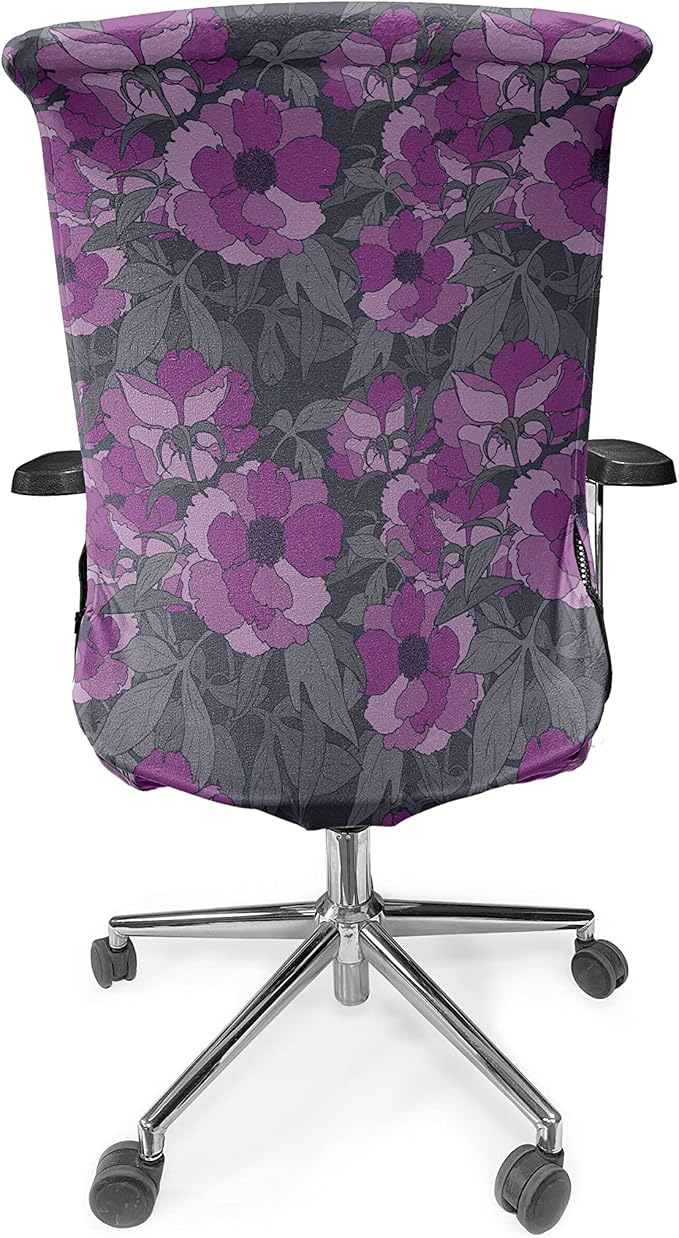 Ambesonne Floral Office Chair Cover, Violet Tones Grungy Look Flower Print Wild Rose, Stretchable Decorative Universal Size High Back Printed Slipcover, Purple Grey