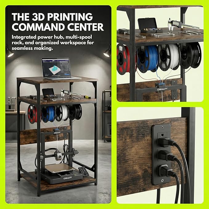 Heavy Duty 3D Printer Table Stand with Power Outlet Industrial-Strength Storage Rack for Stable, Organized & Cable-Managed Printing Workstation