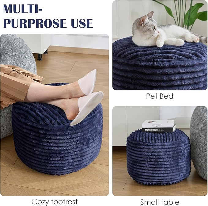 SHOUREN Stuffed Round Pouf Ottoman, Lightweight and Fluffy Poufs Storage Ottoman for Living Room,Corduroy Foot Rest with Shredded Foam Filling,Soft Floor Pouf for Couch,20"x15", Navy