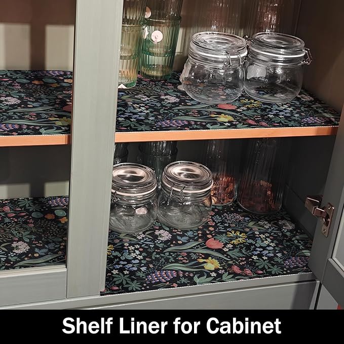 Shelf Drawer Liners, Non Adhesive and Strong Non-Slip Floral Colorful Cabinet Drawer Shelf Liners for Kitchen Wire Fridge, Waterproof Cabinet Liner,Easy to Clean,Black,12IN x 10FT