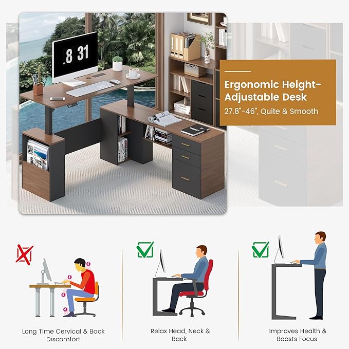 JOMEED 63" L Shaped Electric Standing Desk with Storage, Executive Adjustable Height with Privacy Pane and Power Outlets,Brown and Black