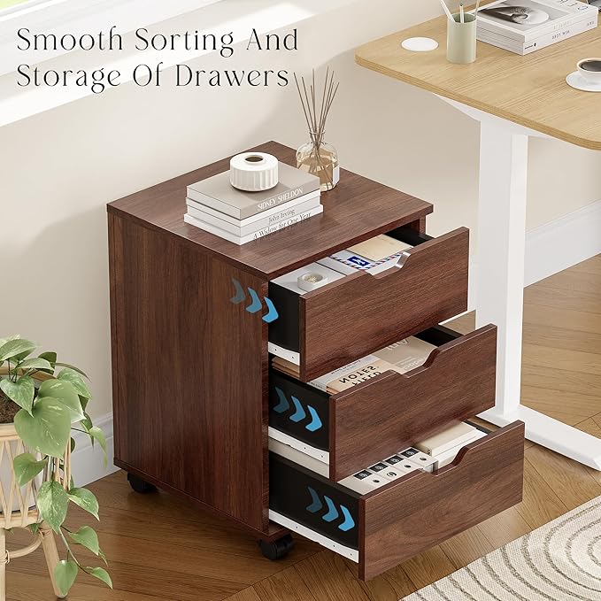 Farini 3-Drawer Under Desk Wooden File Storage Cabinet with Lockable Caster for Home Office,Brown,Fully Assembly