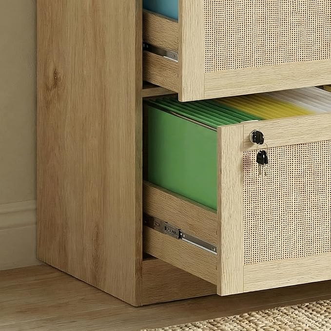 Lateral File Cabinets for Home Office, 4 Drawer Filing Cabinet with Lock, Wide Rattan Filing Organization Storage Cabinets with Printer Stand for Hanging Files/Letter/Legal/A4/F4 Size, Natural Wood