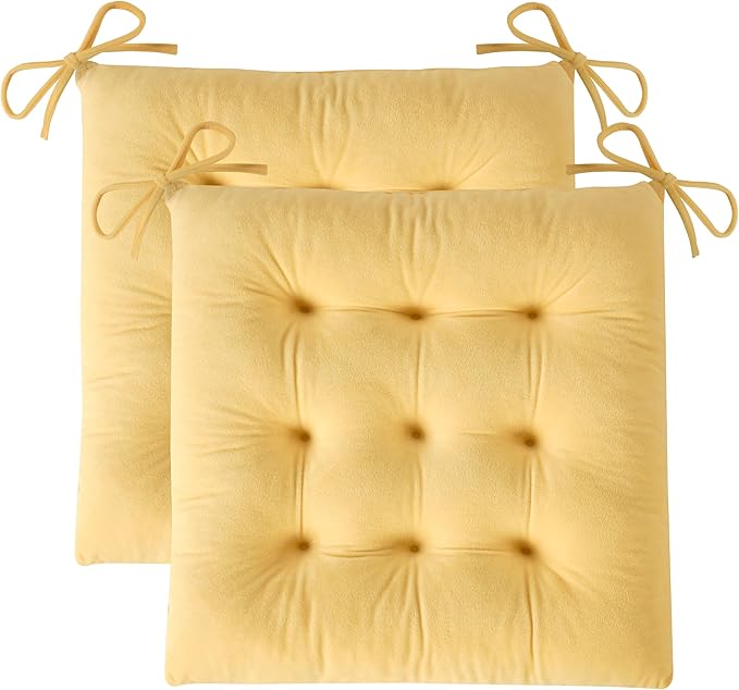 OVOV 2 Pack Chair Cushions for Dining Chairs Soft Seat Cushions for Kitchen Desk Chairs Square Chair Pads with Ties (15.5"x15.5" Pastel Yellow)