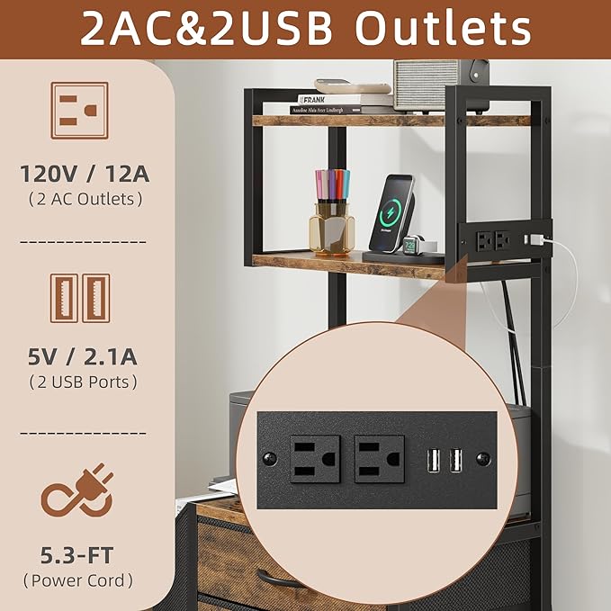 HIGDBFE 3 Drawer File Cabinet with Charging Station, 45''H, 3-Tier Filing Cabinet for Home Office, 11''*16'' for Small Printer, Fabric Drawer Fits Letter/A4, Tall Printer Stand, Rustic Brown