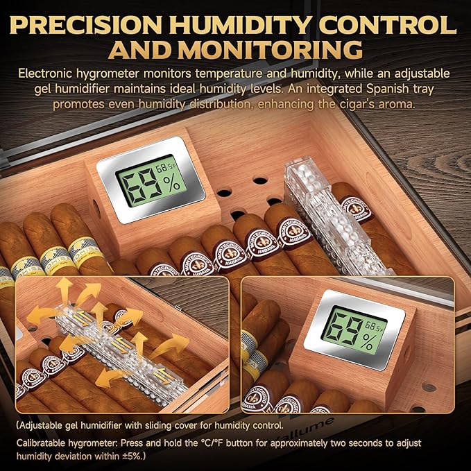 VALLUME Acrylic Humidor Box,High-Definition Transparent Cigar Case,Lock Latches and 90-Degree Opening Hinges Cigar Box,Cigar Accessory Drawer,Digital Hygrometer and Humidifier,Holds About 50-60 cigars