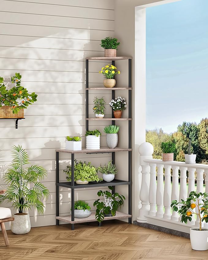 CHOEZON 6-Tier Corner Shelf, Industrial Corner Bookshelf with Desk Top, Diamond-Shaped Storage Shelves, Display Stand for Small Spaces, Living Room, Home Office, Foyer, Greige and Black TCJ70BG