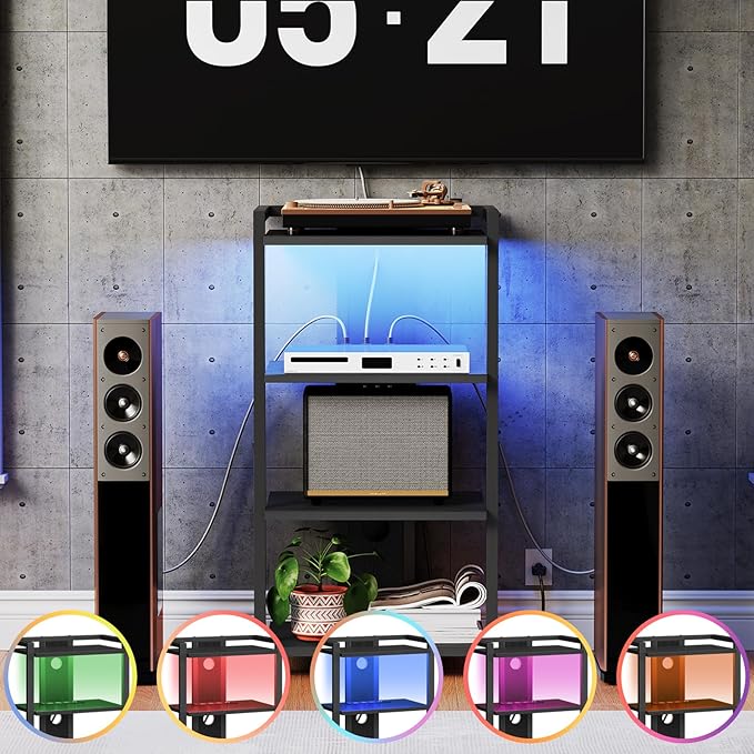 HOOBRO 4-Tier AV Media Stand with Charging Station and LED Light, Wooden Stereo Stand, Rack Audio Tower, Corner TV Stand, Entertainment Device, Black BB38UDCJ01